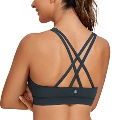 Abbildung von CRZ Yoga Damen Ohne Bügel Sport BH Gekreuzt Rücken Spaghetti Top Abnehmbare Pads Croptop Melanit M