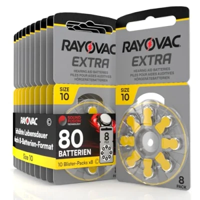 Abbildung von 80 Hörgerätebatterien Rayovac Extra 10. 10 Blister à 8 Batterien