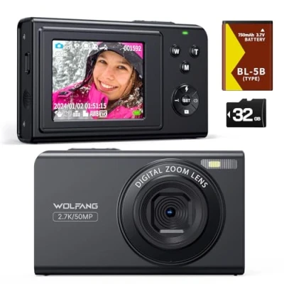Abbildung von WOLFANG Digitalkamera, 2.7K Kinderkamera für Fotografie, 50MP Kompaktkamera Vlogging, 16X Digitalzoom Videokamera, Auto Focus Point and Shoot Digitalkameras, Geschenk Studenten, Jugendliche