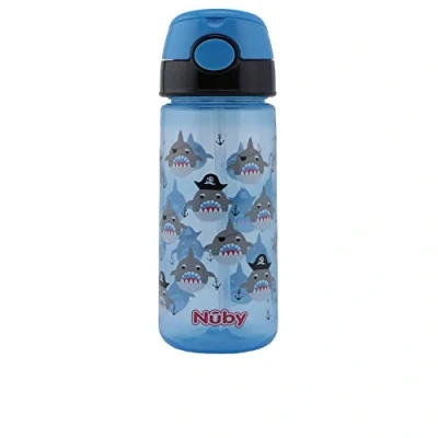 Abbildung von Nuby Becher aus PP mit weichem Trinkhalm und Druckknopf Trinkhalmflasche für Kinder Kleinkinder 540 ml Blau 3+ Jahre