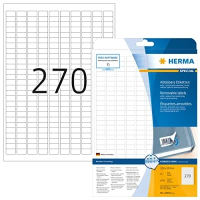 Abbildung von HERMA 10000 Universal Etiketten ablösbar, 25 Blatt, 17,8 x 10 mm, 270 pro A4 Bogen, 6750 Stück, selbstklebend, bedruckbar, matt, blanko Papier Klebeetiketten Aufkleber, weiß