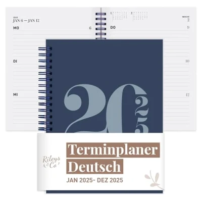 Abbildung von Rileys &amp; Co 2025 Planer Typografisch Monatlicher und Wöchentlicher Agenda Planer, Flexibler Einband, Doppelspiralbindung, Notizseiten, 20,3 x 15,2 cm (8 6 Zoll), Blau auf Deutsch