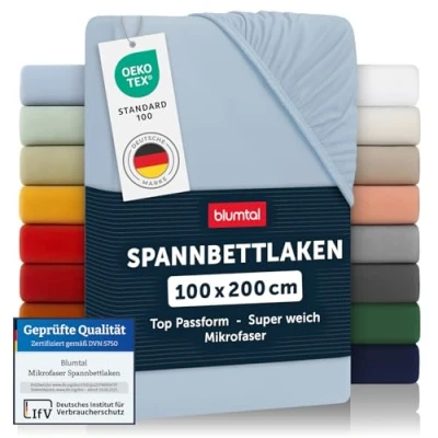 Abbildung von Blumtal® Spannbettlaken 100x200 Bettlaken aus Microfaser Spannbetttuch Spannleintuch Leintuch Bettbezug Laken Hellblau
