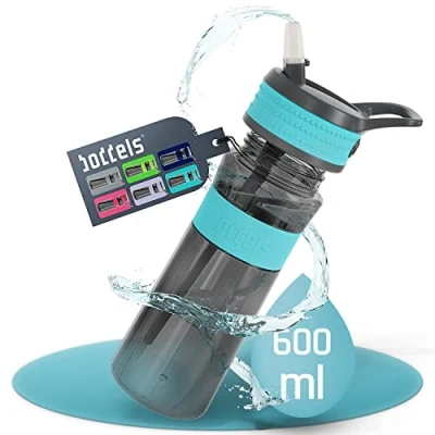 Abbildung von boddels Trinkflasche mit Strohhalm und rutschfestem Griff 600 ml Sport auslaufsicher bruchsicher Wasserflasche Schule, Uni, Fitness, Outdoor BPA frei