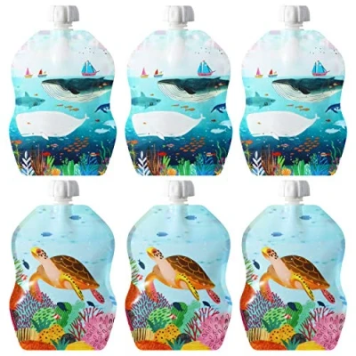 Abbildung von ChooMee Wiederverwendbare Aufbewahrungsbeutel für Babynahrung, 237 ml, ideal Smoothies und Pürees, sicherer Doppelverschluss Reißverschluss, breiter Boden, BPA frei, SnakPack Sealife