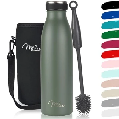 Abbildung von Milu Edelstahl Trinkflasche 350ml 500ml 750ml 1L 1,5L Thermosflasche Isolierte Wasserflasche, Auslaufsichere Isolierflasche doppelwandig, Kohlensäure geeignet inkl. Reinigungsbürste (Olivgrün 500ml)