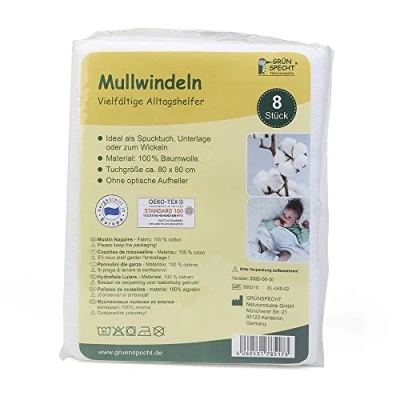 Abbildung von GRÜNSPECHT Mullwindeln 80x80cm aus 100 % Baumwolle, Spucktücher, ohne optische Aufheller, hautfreundlich &amp; saugstark, 5 Stück, weiß (598 00)