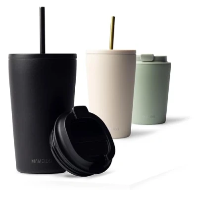 Abbildung von MAMEIDO Thermobecher mit Strohhalm 470ml &amp; 700ml Trinkbecher Deckel und aus Edelstahl doppelwandig isoliert, auslaufsicher Coffee to go Becher (Rich Black, 0,47l)