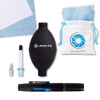 Abbildung von Großer Power Blasebalg mit Zwei Düsen zur Reinigung von Objektiv, Kamera, Sensor, DSLR, Tastatur, Optik, extra stark, viel Druck Lens Aid Air Blower (3er Set (Blasebalg, Pen, Tücher))