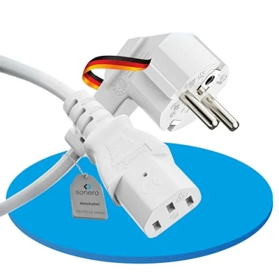 Abbildung von sonero Stromkabel Kaltgerätekabel 3 Polig, 1,0m, 90 Winkel Schutzkontakt Schuko Stecker Netzstecker auf Kaltgerätekupplung C13 Buchse, Netzkabel Netzteil Strom Kabel für Monitor PC Drucker, Weiß