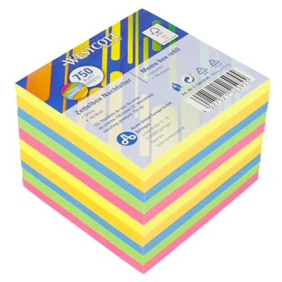 Abbildung von Westcott Notizzettel bunt 750 Blatt Nachfüllpack Notizblock mit 9 x cm großen Blättern in 5 Neon Farben Nachfüllset für Spenderbox FSC zertifiziertes Papier 75g/m² E 1733229 00