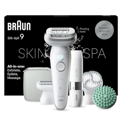 Abbildung von Braun Silk épil 9 SkinSpa All in One Set, Epilierer Damen / Haarentferner für langanhaltende Haarentfernung, Facespa Gesichtshaarentferner,, 381, Weiß/Silber