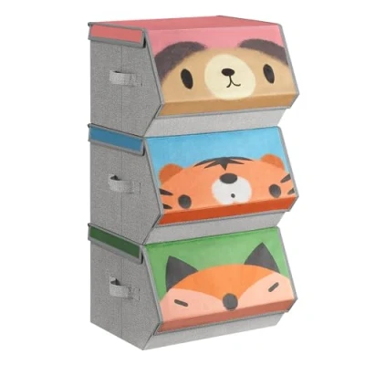 Abbildung von SONGMICS Aufbewahrungsboxen, 3er Set, Faltboxen, Stoffboxen mit Griffen, Organizer, magnetischer Deckel, für Kinderzimmer, Spielzimmer, Tier Motive, rosa, blau, grün und grau RFB760P03