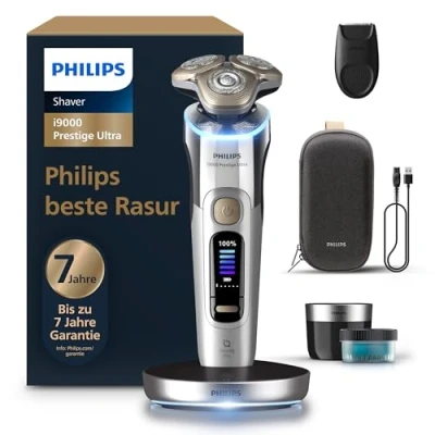 Abbildung von Philips Rasierer i9000 Prestige Ultra, Nass und Trockenrasierer für Männer, chrom, Druck Bewegungssensor, Trimmeraufsatz, Reinigungsstation, Ladestation &amp; Reiseetui (Modell XP9404/31)