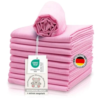 Abbildung von ZOLLNER 10er Set Musselin Spucktücher in 70x70 cm aus Baumwolle hautfreundliche Mulltücher besonders weich und extrem saugstark waschbar bis 60C rosa