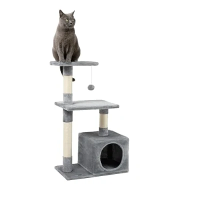 Abbildung von lionto Kratzbaum für Katzen mit Höhle und Plüschball inkl. Glöckchen, Höhe 85 cm, Katzenbaum Sisal &amp; Plüsch, gemütliche Liegeflächen Höhle, kleine große geeignet, hellgrau