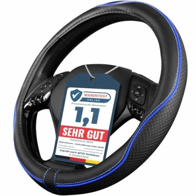 Abbildung von Upgrade4cars Lenkradbezug Blau Schwarz Leder Optik Lenkradschutz in Universal Größe 37 39 cm Lenkradhülle für Sommer &amp; Winter Autozubehör Innenraum