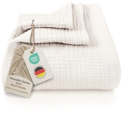 Abbildung von LAYNENBURG Premium Musselin Tagesdecke 150x200 cm 100% Baumwolle extraweiche, leichte Sommerdecke als Kuscheldecke, Bett Überwurf, Baumwolldecke, Couch Überwurf warme Sofa Decke (Creme)