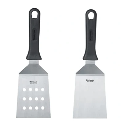 Abbildung von Westmark Set, 2tlg.: 2 Profi Wender/Grill Spachtel (Gewinkelt, Starr) mit gelochter und geschlossener Klinge, Rostfreier Edelstahl/Kunststoff, Master Line, Schwarz/Silber, 134422E6, 29 cm