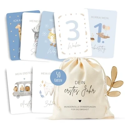 Abbildung von MeinBaby123® Meilensteinkarten &quot;Dein erstes Jahr&quot; Meilenstein Karten Set Geschenk zur Geburt Fotokarten für das erste Jahr 50 Inkl. Baumwollsäckchen (blau)