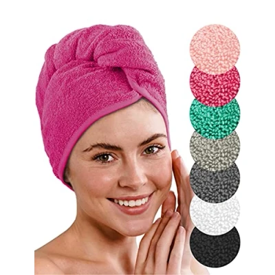 Abbildung von LAYNENBURG Premium Haarturban mit Knopf aus 100% Baumwolle Haar Handtuch inkl. 4 Haargummis für Kurze und Lange Haare Turban ist schnelltrocknend saugstark (Fuchsia)