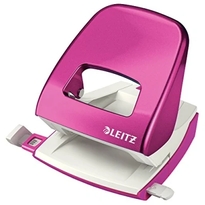 Abbildung von Leitz Büro Locher aus Metall, Für 30 Blatt, Anschlagschiene mit Formatvorgaben, Ergonomisches Design, pink, WOW Serie, 50081023