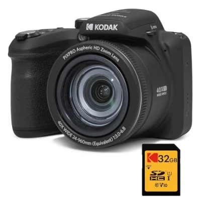 Abbildung von Kodak Pack Bridge Pixpro Astro Zoom AZ405 + 32GB SDHC Ultra High Speed U1 Karte Digitale Kamera 20 Megapixel, 40 facher Zoom, Weitwinkel, LCD, Full HD 1080p Video, OIS, AA Batterien Schwarz