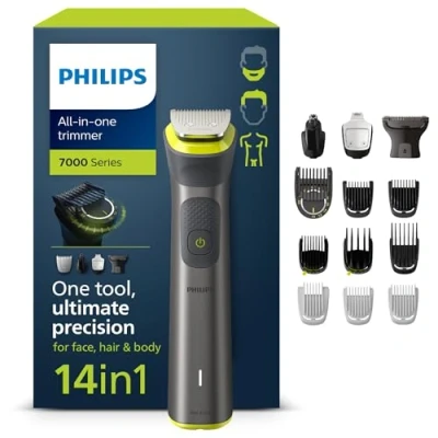 Abbildung von Philips Multigroom Series 7000, All in One Trimmer, 14 1 Barttrimmer und Haarschneider für Gesicht, Kopf Körper ein Tool mit 21 Längeneinstellungen (0,516 mm) (Modell MG7930/15)