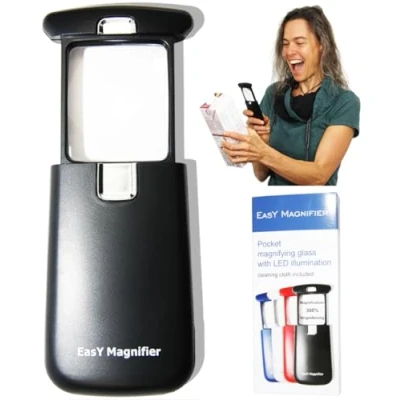 Abbildung von EasY Magnifier Taschen Lupe 3fach mit LED Licht; Kleine Leselupe Lesehilfe für Senioren, Mini Handlupe Geschenk; Vergrösserungsglas
