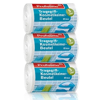 Abbildung von Profissimo Kosmetik Müllbeutel mit Tragegriff, 5 Liter, 3er Pack, 255 3 x 85 Stück, aus recycelbarem Polyethylen PE.