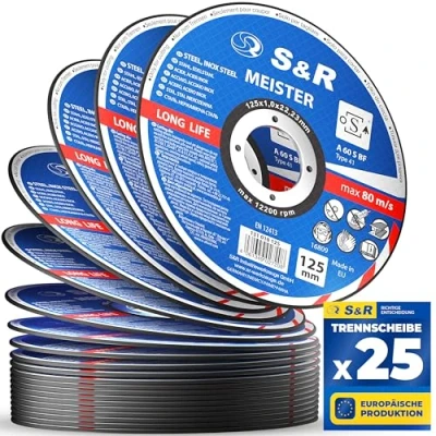 Abbildung von S&amp;R Professional Trennscheibe 125 mm, Extra Dünn 1 mm Flexscheibe für Winkelschleifer, Metall, Stahl, INOX, Edelstahl, robuste Doppel Glasfaserarmierung, Ideal Karosserie und Behälterbau