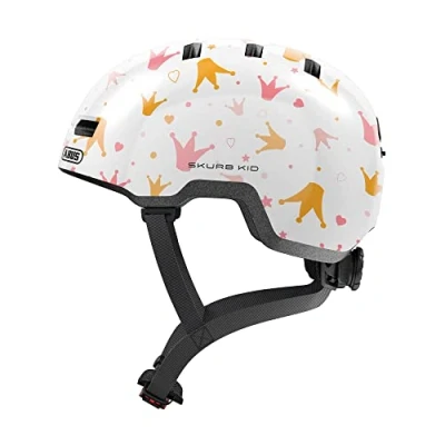 Abbildung von ABUS Kinderhelm Skurb Kid robuster Fahrradhelm im Skater Look mit Platz für einen Zopf und vielfältigen Designs Mädchen Jungen Weiß Kronenmuster, Größe S