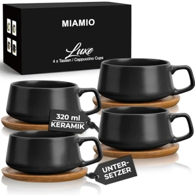 Abbildung von MIAMIO 4 x 320 ml Kaffeetassen/Cappuccino Tassen mit Unterteller/elegant/modern/Kaffeebecher aus Steingut Luxe Kollektion 4er Set (Schwarz)