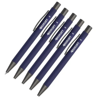 Abbildung von Westcott PRIMESOFT Kugelschreiber 5 Stück 5er Set Blaue Premium aus Aluminium Dokumentenecht mit blauer Tinte Strichstärke XB 1,4 mm E 745005 00