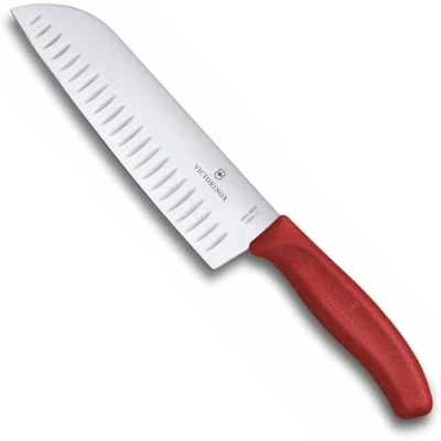 Abbildung von Victorinox, Swiss Classic, Profi Santokumesser, Extra Scharfe Klinge, Kullenschliff, 17 cm, Robuster Kunststoffgriff, Rostfreier Stahl, Rot