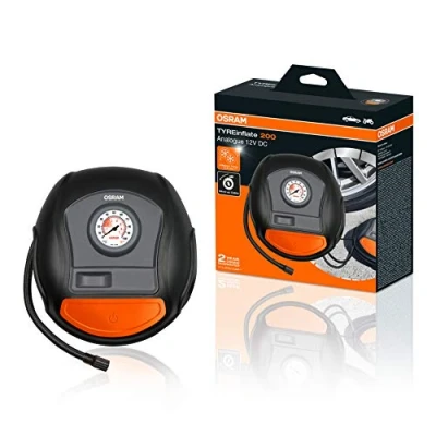 Abbildung von OSRAM TYREinflate 200, Analoge Reifenpumpe, tragbarer 12V Kompressor für Autoreifen, Stromanschluss via Zigarettenanzünder, Reifenbefüllung in 4,5 Minuten
