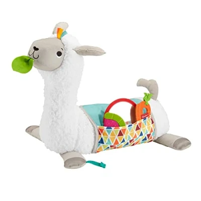 Abbildung von Fisher Price 4 in 1 Lama Spielkissen zum Spielen Bauchlage, mit Spielmöglichkeiten, 3 Mitnehm Spielzeugen und beidseitig bedruckter weicher Decke, für Babys ab der Geburt, GLK39