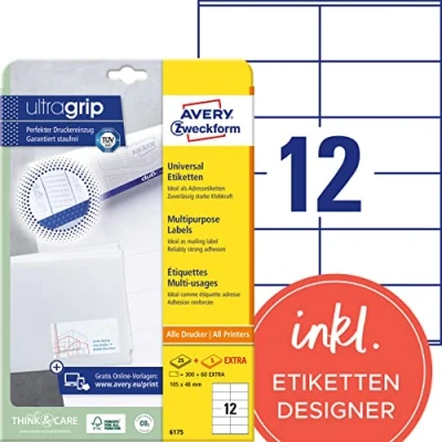 Abbildung von AVERY Zweckform 6175 Adressaufkleber (300 plus 60 Klebeetiketten extra, 105x48mm auf A4, Papier matt, bedruckbare Absenderetiketten, selbstklebende Adressetiketten mit ultragrip) 30 Blatt, weiß