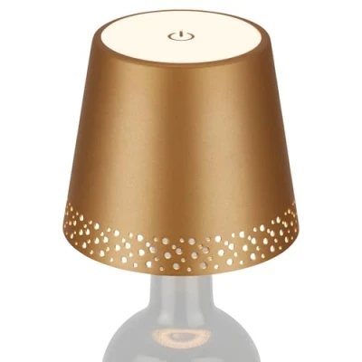 Abbildung von BRILONER LED Flaschenlampe kabellos mit Touch, dimmbar, warmweiß, Nachttischlampe, Flaschenleuchte, Lampe, Akku Tischleuchte, Weinlampe, Aufsatz, 11 x 9 cm (DxH), Gold Matt