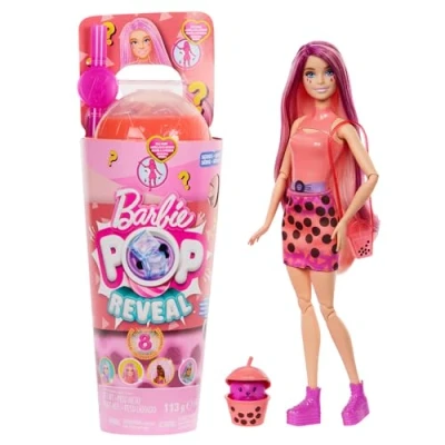 Abbildung von Barbie Pop Reveal Bubble Tea Serie Puppe und Zubehör, duftende Mango Mochi Modepuppe mit Haustier, 8 Überraschungen, darunter Farbwechsel, Becher zur Aufbewahrung, HTJ22