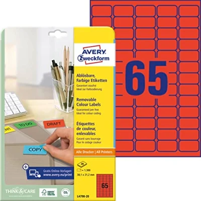 Abbildung von AVERY Zweckform L4790 20 Rote Etiketten (1.300 Aufkleber, 38,1x21,2 mm auf A4, wieder rückstandsfrei ablösbar, selbstklebende Farbetiketten, Papier matt, bedruckbare, farbige Klebeetiketten) Blatt