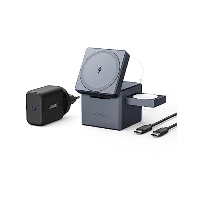 Abbildung von Anker 3 in 1 Cube mit MagSafe Ladestation, 15W Wireless iPhone Charger, Induktive Ladestation für Apple Watch und 16/15/14/13/12, AirPods Pro/3/2 (Inklusive 30W Ladegerät)