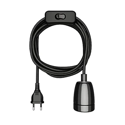 Abbildung von ledscom.de Textilkabel LEHA II, Stecker, Schalter, schwarz, 3 m, Porzellan Fassung, 1x E27 max. 300W, Led, Diy, Lampenfassung, E27, Textilkabel, Haengelampe, Netzstecker, Gluehlampe