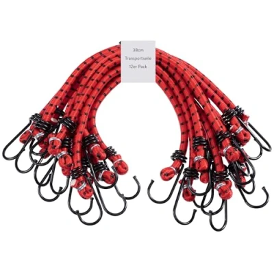 Abbildung von PRETEX 12er Set Universal Expander Gepäckspanner mit Haken 38 cm lange Gummispanner Gummiband 12x Fahrrad Spanngurte Spanngummi Bungee Cord Rot