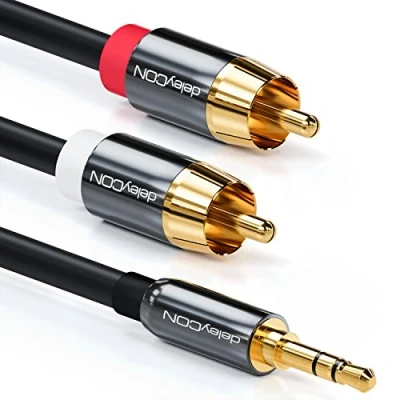 Abbildung von deleyCON 2m Klinkenkabel Cinch Kabel 3,5mm Klinke zu RCA Stereo Audio 1x Klinkenstecker auf 2x Stecker Metallstecker Schwarz