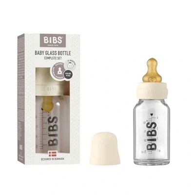 Abbildung von BIBS Baby Glass Bottle 110ml, Vermindert Koliken, Runder Sauger aus Naturkautschuklatex, Unterstützt das Stillen. Complete Set 110 ml, Ivory