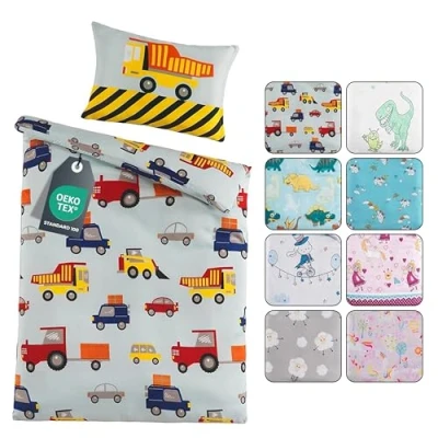 Abbildung von Kinder Baby Bettwäsche Set für Mädchen und Jungen 100x135 cm + 40x60 100% Polyester Mikrofaser Reißverschluss Baustelle Bagger Autos blau