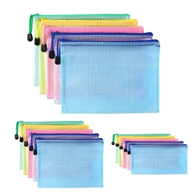 Abbildung von Oderra Dokumententasche A4+A5+A6, 15 Stücke (Je 5) Zip Tasche, Mesh Beutel mit Reißverschluss für Dokumente, Papier, Kosmetika und Farbe Taschen, 5 Farben, A+4 A+5 A+6