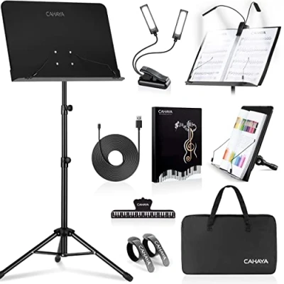 Abbildung von CAHAYA 6 in 1 Notenständer mit Ständer Leichter Desktop Buchständer Tragetasche, Notenmappe &amp; Clip Metall Tragbare solide Rückseite für Gitarre, Ukulele, Geige Spieler CY0194set