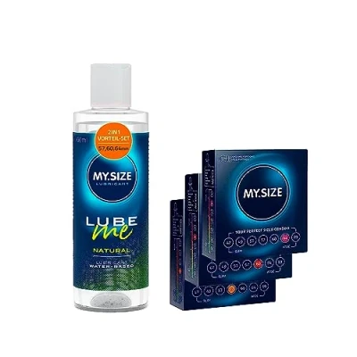 Abbildung von MY.SIZE Kondom + Gleitgel Set mit 100 ml Lube Me Natural &amp; 3x3 Kondome 57, 60, 64 mm breit I Wasserbasiertes Gleitmittel Lubricant Gel für Toys Latexkondome geeignet water based lubrication